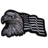 P396 Eagle With Waving Flag Black Silver Patriotic Iron on Patch